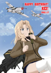 Rule 34 | absurdres, aircraft, airplane, birthday, blonde hair, blue eyes, blue shorts, blue sky, brown jacket, browning m2, character name, closed mouth, cloud, cloudy sky, dated, day, denim, denim shorts, english text, girls und panzer, gun, hair intakes, happy birthday, heavy machine gun, highres, holding, holding radio, jacket, kay (girls und panzer), long hair, long sleeves, looking to the side, machine gun, medium hair, military, military uniform, military vehicle, motion blur, outdoors, p-51 mustang, porotto yontouhei, radio, roundel, saunders military uniform, short shorts, shorts, sitting, sky, smile, thighhighs, thumbs up, uniform, weapon, white thighhighs
