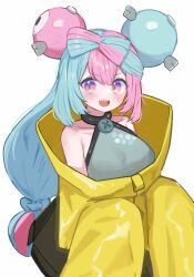 Rule 34 | 1girl, absurdres, aqua hair, bow-shaped hair, character hair ornament, creatures (company), game freak, hair ornament, hexagon print, highres, iono (pokemon), jacket, long hair, low-tied long hair, multicolored hair, nintendo, oversized clothes, pink eyes, pink hair, pocari (sq551), pokemon, pokemon sv, sleeves past fingers, sleeves past wrists, solo, teeth, twintails, two-tone hair, very long hair, yellow jacket