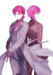 Rule 34 | 2girls, adjusting clothes, adjusting gloves, back-to-back, bazett fraga, bazett fraga mcremitz, black gloves, black necktie, brown jacket, brown pants, buttons, closed mouth, coat, collared shirt, commentary, dual persona, earrings, fate/grand order, fate/hollow ataraxia, fate (series), formal, gloves, grey coat, grey pants, grey suit, highres, jacket, jewelry, long sleeves, looking at viewer, looking away, manannan mac lir (fate), manannan mac lir (first ascension) (fate), mole, mole under eye, multiple girls, necktie, pants, parted bangs, purple eyes, purple hair, red shirt, shirt, short hair, simple background, suit, white background