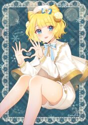 Rule 34 | 1girl, beret, blonde hair, blue background, blue bow, blue eyes, blunt bangs, bow, capelet, commentary request, cone hair bun, double bun, feet out of frame, gold trim, hair bun, hands up, hat, heart, heart hands, highres, long sleeves, looking at viewer, mendamen, merry christmas, minami mirei, neck ribbon, pretty series, pripara, ribbon, short hair, shorts, sitting, smile, snowflakes, solo, speech bubble, tongue, tongue out, white capelet, white hat, white shorts