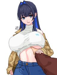 1girl artist_name black_hair blue_eyes blue_hair blue_pants blunt_bangs breasts brown_coat coat colored_inner_hair denim detached_sleeves grabbing_another&#039;s_breast groping guided_breast_grab guiding_hand hair_intakes high-waist_pants highres hololive hololive_english jeans large_breasts leopxl long_hair long_sleeves multicolored_hair nervous_sweating official_alternate_costume official_alternate_hair_length official_alternate_hairstyle ouro_kronii ouro_kronii_(casual) pants pixel_art sweat sweater turtleneck virtual_youtuber white_sweater