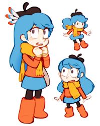 Rule 34 | 1girl, bag, beret, black legwear, blue hair, blue skirt, blush stickers, boots, feathers, full body, handbag, hands together, hat, highres, hilda, hilda (hilda), long hair, multiple views, niwa 33, open mouth, red footwear, red sweater, scarf, simple background, skirt, smile, sweater, white background, wide-eyed, yellow scarf