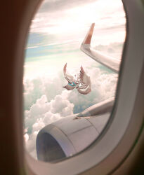 Rule 34 | aircraft, airplane, brown cape, brown skirt, brown wings, cape, cloud, cloudy sky, flailing, flying, highres, hololive, hololive english, horizon, jet engine, nanashi mumei, outdoors, plane window, pov, rurung ji, skirt, sky, virtual youtuber, window, wings