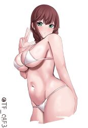 Rule 34 | 1girl, alternate costume, bare shoulders, bikini, blue eyes, blush, breasts, brown hair, cleavage, commentary request, cowboy shot, cropped legs, highres, kantai collection, large breasts, long hair, noshiro (kancolle), one-hour drawing challenge, parted lips, simple background, solo, swimsuit, tf cafe, twitter username, white background, white bikini