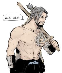 Rule 34 | 1boy, beard, facial hair, francishsie, hanzo (overwatch), male focus, overwatch, overwatch 1, solo focus, steam, sweat, tattoo, topless male, weapon