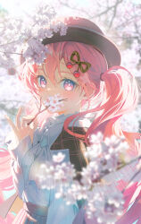 Rule 34 | 1girl, absurdres, black hat, blurry, branch, cherry blossoms, cherry hair ornament, commentary, dangle earrings, depth of field, earrings, flower-shaped pupils, food-themed hair ornament, hair ornament, hand up, hat, hatsune miku, highres, holding, holding branch, hya ro, jewelry, long hair, long sleeves, looking at viewer, looking back, pink eyes, pink hair, pink skirt, pink theme, sakura miku, shirt, shirt tucked in, skirt, solo, symbol-shaped pupils, twintails, upper body, vocaloid, white shirt