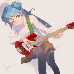 Rule 34 | 10s, 1girl, 2016, alternate costume, artist name, bass guitar, blue eyes, blue hair, brown skirt, dated, double bun, electric guitar, eyebrows, grey background, guitar, hat, highres, instrument, kantai collection, long hair, long sleeves, looking at viewer, matching hair/eyes, music, pantyhose, playing instrument, pleated skirt, ribbed sweater, rota (bitmap1022), shadow, signature, simple background, sitting, skirt, smile, solo, sweater, urakaze (kancolle), white sweater