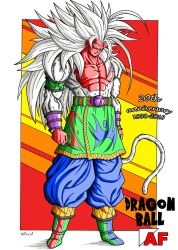 Rule 34 | 1boy, anniversary, artist name, belt, biceps, clenched hand, closed mouth, colored skin, commentary, copyright name, dragon ball, dragon ball af, empty eyes, english commentary, english text, full body, highres, long hair, male focus, monkey tail, muscular, muscular male, original, pants, pectorals, pink skin, solo, spiked hair, standing, super saiyan, super saiyan 5, tablos (dragon ball af), tablosaf, tail, watermark, web address, white fur, white hair