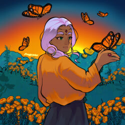 Rule 34 | 1boy, ace attorney, animal, animal on hand, artist name, black skirt, closed mouth, dark-skinned male, dark skin, earrings, facial mark, field, flower, flower field, forehead jewel, forehead mark, gem, green eyes, highres, jewelry, long sleeves, looking at animal, marigold, monarch butterfly, morgynamber, nahyuta sahdmadhi, orange flower, outdoors, phoenix wright: ace attorney - spirit of justice, red gemstone, ring, shirt, signature, skirt, solo, sunset, thick eyebrows, trap, upper body, white hair, yellow shirt