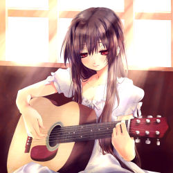 Rule 34 | 1girl, acoustic guitar, ayase non, black hair, blush, breasts, cleavage, dress, guitar, highres, instrument, long hair, original, red eyes, ribbon, sitting, small breasts, smile, solo, very long hair, white dress