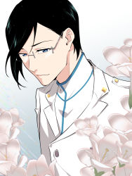 Rule 34 | 1boy, black hair, bleach, blue eyes, closed mouth, commentary request, flower, glasses, gradient background, grey-framed eyewear, grey background, highres, il (il suffered), ishida uryuu, jacket, looking at viewer, male focus, semi-rimless eyewear, shirt, solo, upper body, white background, white flower, white jacket, white shirt