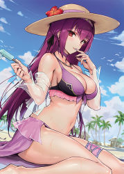 Rule 34 | 1girl, alternate costume, beach, bikini, black ribbon, blue sky, breasts, bridal garter, choker, cleavage, collarbone, day, fate/grand order, fate (series), food, hair between eyes, hair ribbon, haoni, hat, large breasts, licking, licking finger, navel, necktie, outdoors, palm tree, popsicle, purple bikini, purple hair, red eyes, religious offering, ribbon, sand, scathach (fate), scathach skadi (fate), see-through, shrug (clothing), sitting, sky, solo, sun hat, swimsuit, thighs, tree, wariza