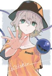 Rule 34 | 1girl, black hat, bright pupils, bucket hat, character name, closed mouth, clothes writing, collarbone, frown, green eyes, hair between eyes, hand up, hat, highres, komeiji koishi, light green hair, looking at viewer, o (crazyoton46), open hand, reaching, reaching towards viewer, shirt, short hair, short sleeves, simple background, solo, third eye, touhou, upper body, white pupils, yellow shirt