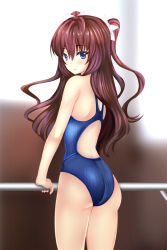 Rule 34 | 10s, 1girl, ass, blue eyes, brown hair, competition swimsuit, ichinose shiki, idolmaster, idolmaster cinderella girls, long hair, looking at viewer, looking back, one-piece swimsuit, shima-shuu, smile, solo, swimsuit, two side up
