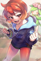 Rule 34 | 1girl, :d, absurdres, arezu (pokemon), black shorts, blue jacket, blush, bracelet, breasts, brown eyes, cleavage, clenched hands, commentary request, cowlick, creatures (company), day, game freak, highres, hisuian lilligant, hood, hood down, hoodie, jacket, jewelry, long sleeves, looking at viewer, medium breasts, minatoya ringo, nintendo, open mouth, orange hair, orange pantyhose, outdoors, pantyhose, pantyhose under shorts, pokemon, pokemon (creature), pokemon legends: arceus, short hair, short shorts, shorts, small breasts, smile, teeth, tongue, upper teeth only