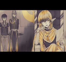 Rule 34 | 3boys, black hair, blonde hair, bracelet, closed eyes, gem, golden emperor shara, grey hair, grey pants, highres, indoors, jewelry, letterboxed, multiple boys, necklace, pants, pixiv fantasia, pixiv fantasia age of starlight, pointy ears, sitting, sword, throne, weapon, yellow eyes