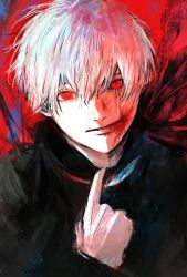 Rule 34 | 1boy, bad id, bad twitter id, black sclera, blood, blood in hair, blood on face, bright pupils, clothes pull, colored sclera, hair between eyes, highres, inuo (inuo x), kagune (tokyo ghoul), kaneki ken, looking at viewer, male focus, parted lips, red eyes, smile, solo, tokyo ghoul, white hair, white pupils