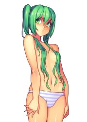 Rule 34 | 1girl, blush, breasts, cowboy shot, green eyes, green hair, hair censor, hair over breasts, hatsune miku, long hair, matching hair/eyes, navel, panties, panties only, simple background, small breasts, solo, standing, striped clothes, striped panties, topless, twintails, underwear, underwear only, vocaloid, white background, yuksi