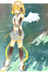 Rule 34 | 1girl, alitou, angel wings, bad id, bad pixiv id, blonde hair, detached sleeves, closed eyes, female focus, fingerless gloves, gloves, hair ornament, hair ribbon, hairclip, headphones, kagamine rin, kagamine rin (append), open mouth, ribbon, short hair, shorts, solo, standing, thighhighs, vocaloid, vocaloid append, wings