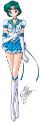 Rule 34 | 1girl, bishoujo senshi sailor moon, blue bow, blue eyes, blue hair, blue sailor collar, blue skirt, boots, bow, brooch, choker, earrings, elbow gloves, full body, gloves, jewelry, knee boots, layered skirt, looking at viewer, magical girl, marco albiero, matching hair/eyes, mizuno ami, puffy sleeves, sailor collar, sailor mercury, short hair, signature, skirt, smile, solo, standing, star brooch, super sailor mercury (stars), tiara, white background, white footwear, white gloves