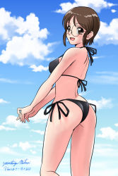 Rule 34 | 1girl, artist name, ass, back, bikini, black bikini, blue sky, breasts, brown eyes, brown hair, cloud, cloudy sky, commentary, dated, day, from behind, girls und panzer, glasses, halterneck, looking at viewer, looking back, matsui yasutsugu, medium breasts, open mouth, outdoors, own hands together, rimless eyewear, round eyewear, sasagawa kanon, short hair, side-tie bikini bottom, signature, sky, smile, solo, standing, string bikini, swimsuit