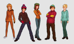 Rule 34 | 5boys, androgynous, beanie, black hair, blonde hair, blue eyes, brown hair, butters stotch, commentary, crossed arms, curly hair, eric cartman, gloves, green eyes, hand on own hip, hat, highres, hood, hooded jacket, jacket, kenny mccormick, kyle broflovski, butters stotch, male focus, muhamaru yuni, multiple boys, outline, red hair, simple background, south park, stan marsh, standing, white background