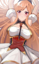 Rule 34 | 1girl, absurdres, azur lane, bare shoulders, blonde hair, blush, breasts, commentary request, detached sleeves, gloves, headgear, highres, large breasts, long hair, looking at viewer, misonikomi, red eyes, richelieu (azur lane), solo