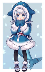 Rule 34 | 1girl, animal hood, black pantyhose, blue eyes, blue footwear, blue gloves, blue hair, blue jacket, blush, border, commentary request, fins, fish tail, full body, fur-trimmed footwear, fur-trimmed hood, fur-trimmed jacket, fur trim, gawr gura, gawr gura (1st costume), gloves, hair ornament, hands up, highres, hololive, hololive english, hood, hood up, jacket, long sleeves, looking at viewer, mittens, multicolored hair, nitumaruta, open mouth, pantyhose, shark hood, shark tail, sharp teeth, shoes, silver hair, smile, snowflake print, snowflakes, solo, streaked hair, tail, teeth, upper teeth only, virtual youtuber, white border, winter clothes