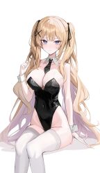 Rule 34 | + +, 1girl, absurdres, asymmetrical sidelocks, bare shoulders, black leotard, black necktie, black ribbon, blonde hair, blue eyes, blush, breasts, cleavage, closed mouth, collarbone, covered navel, curled fingers, detached collar, double-parted bangs, feet out of frame, hair ornament, hair over shoulder, hair ribbon, hairclip, highleg, highleg leotard, highres, invisible chair, large breasts, leotard, light blush, long hair, looking at viewer, necktie, nephthys2356, original, playboy bunny, ribbon, short necktie, sidelocks, simple background, sitting, solo, star (symbol), star in eye, strapless, strapless leotard, symbol in eye, thighhighs, tie clip, twintails, very long hair, white background, white thighhighs, white wrist cuffs, wrist cuffs, x hair ornament