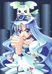 Rule 34 | 10s, 1girl, blue background, blue eyes, blue hair, blue theme, brooch, coffret (heartcatch precure!), cure marine, fighting stance, foreshortening, heart, heart brooch, heartcatch precure!, highres, kurumi erika, long hair, magical girl, open mouth, precure, satogo, wrist cuffs