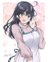 Rule 34 | 1girl, ahoge, apron, black hair, brown eyes, cowboy shot, dress, gakky, grey dress, grey sweater, kantai collection, long hair, looking at viewer, official alternate costume, one-hour drawing challenge, solo, sweater, sweater dress, ushio (kancolle), white apron