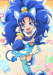 Rule 34 | 10s, 1girl, :d, animal ears, blue eyes, blue footwear, blue gloves, blue hair, blue jacket, blue skirt, blue thighhighs, boots, cat ears, cat tail, choker, clenched hand, cure gelato, earrings, extra ears, eyelashes, fang, food-themed hair ornament, fur, fur trim, gloves, hair ornament, hanzou, happy, highres, jacket, jewelry, kirakira precure a la mode, lion ears, lion tail, long hair, looking at viewer, magical girl, md5 mismatch, open mouth, precure, single thighhigh, skirt, smile, solo, source request, tail, tategami aoi, teeth, thighhighs