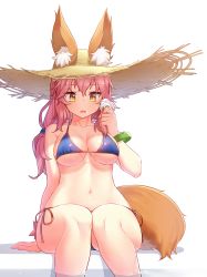 Rule 34 | 10s, animal ears, arm at side, bad id, bad pixiv id, bare arms, bare legs, bare shoulders, bikini, blue bikini, bracelet, breasts, brown eyes, brown hat, cleavage, collarbone, ears through headwear, fate/extra, fate (series), food, foreshortening, fox ears, fox tail, hair tie, halterneck, hat, highres, holding, holding food, ice cream, ice cream cone, jewelry, long hair, looking at viewer, low-tied long hair, low ponytail, medium breasts, melting, narynn, orange ribbon, pink hair, ribbon, shiny skin, side-tie bikini bottom, simple background, soaking feet, solo, straw hat, string bikini, swimsuit, tail, tamamo (fate), tamamo no mae (fate/extra), tamamo no mae (swimsuit lancer) (fate), tsurime, water, water drop, white background