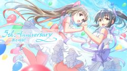 Rule 34 | 2girls, ankle cuffs, anniversary, armlet, artist request, back bow, balloon, black hair, blue sky, blunt bangs, bow, brown eyes, brown hair, commentary request, countdown, dress, frilled dress, frills, fujiwara hajime, hair bow, high heels, highres, holding hands, idolmaster, idolmaster cinderella girls, idolmaster cinderella girls starlight stage, interlocked fingers, long hair, looking at viewer, multiple girls, official art, open mouth, outdoors, ponytail, purple eyes, sanshi suimei, short sleeves, sidelocks, sky, smile, very long hair, white dress, yorita yoshino