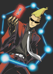 Rule 34 | 1boy, bad id, bad pixiv id, belt, blonde hair, capcom, formal, ghost trick, hand in pocket, hourglass, loveguiltytour, male focus, necktie, pants, pointy hair, red pants, simple background, sissel (ghost trick), smile, solo, spoilers, suit, sunglasses, yomiel (ghost trick)