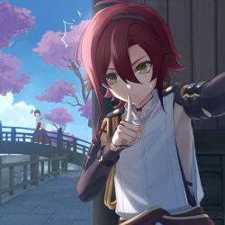 Rule 34 | 1boy, 1girl, ^^^, ahoge, aiguillette, anger vein, angry, armor, black choker, blue sky, blunt bangs, bob cut, bracelet, bridge, brown hair, building, cherry blossoms, choker, clothes around waist, clothing cutout, cloud, commentary request, day, finger to mouth, game screenshot background, genshin impact, green eyes, hair between eyes, hair intakes, hakama, hakama pants, hand up, index finger raised, japanese armor, japanese clothes, jewelry, kimono, kote, kurokote, long hair, long sleeves, low ponytail, male focus, miko, mole, mole under eye, multiple moles, open mouth, outdoors, outstretched arm, pants, parted bangs, parted lips, ponytail, railing, red hair, red hakama, ribbon-trimmed sleeves, ribbon trim, selfie, shikanoin heizou, shirt, short hair, shushing, side cutout, sideless outfit, sidelocks, sideways glance, sky, sleeveless, sleeveless shirt, solo focus, stone floor, sweatdrop, tree, upper body, water, white kimono, white shirt, wide sleeves, wooden bridge, wooden railing, yonaka (yonaka221)