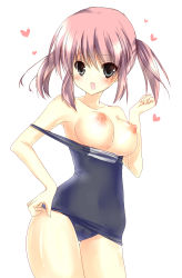 Rule 34 | 1girl, absurdres, amane ruri, bad id, blue eyes, blush, breasts, brown hair, clothes pull, fang, highres, md5 mismatch, nipples, one-piece swimsuit, one-piece swimsuit pull, original, resolution mismatch, school swimsuit, short hair, solo, source smaller, swimsuit, twintails, type (artist)