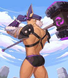 Rule 34 | 1boy, abs, absurdres, ass, bandages, bara, bare pectorals, biceps, black male underwear, briefs, electrohammer vanguard (genshin impact), genshin impact, gloves, helbai, highres, huge weapon, humanization, looking at viewer, male focus, male pubic hair, male underwear, mature male, muscular, muscular male, navel, navel hair, nipples, no pants, o-ring, o-ring top, over shoulder, paid reward available, pectorals, pubic hair, purple gloves, purple headwear, purple male underwear, short hair, sideburns, solo, thick thighs, thighs, underwear, weapon, weapon over shoulder