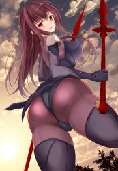 Rule 34 | 1girl, armor, ass, blush, bodysuit, breasts, cameltoe, dual wielding, fate/grand order, fate (series), from behind, from below, gloves, holding, huge ass, large breasts, long hair, looking at viewer, looking down, noeomi, pantyhose, parted lips, polearm, purple hair, red eyes, scathach (fate), scathach (fate), sideboob, solo, spear, thighhighs, weapon