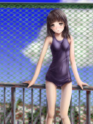 Rule 34 | 1girl, black hair, blurry, blush, brown eyes, chain-link fence, cloud, day, depth of field, fence, looking at viewer, one-piece swimsuit, open mouth, original, phazer, railing, school swimsuit, sky, solo, swimsuit