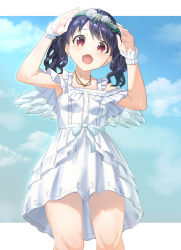 Rule 34 | 1girl, angel wings, armpits, black hair, blue sky, cloud, commentary request, dress, fangs, flower, fukumaru koito, hair flower, hair ornament, hands up, highres, idolmaster, idolmaster shiny colors, jewelry, looking at viewer, looking down, medium hair, necklace, open mouth, oyasuminasai31, purple eyes, short dress, skin fangs, sky, solo, thighs, twintails, white dress, wings, wrist cuffs