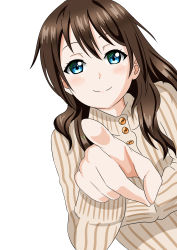 Rule 34 | 1girl, absurdres, aqua eyes, artist name, artist request, blue eyes, blush, breasts, brown hair, brown sweater, buttons, close-up, female focus, hair between eyes, hair down, hair over shoulder, highres, light brown sweater, long hair, long sleeves, looking at viewer, love live!, love live! nijigasaki high school idol club, osaka shizuku, parted lips, pink lips, pointing, pointing at viewer, small breasts, smile, solo, striped clothes, striped sweater, sweater, turtleneck, turtleneck sweater, upper body, vertical-striped sweater, white background