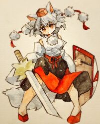 Rule 34 | 1girl, black skirt, closed mouth, commentary request, detached sleeves, full body, grey hair, holding, holding shield, holding sword, holding weapon, inubashiri momiji, key747h, looking at viewer, pom pom (clothes), red eyes, red footwear, red skirt, shield, shirt, short eyebrows, short hair, skirt, solo, sword, touhou, two-tone skirt, weapon, white shirt
