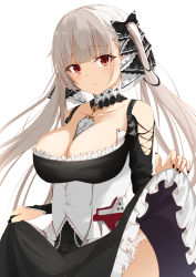 Rule 34 | 1girl, azur lane, bare shoulders, between breasts, black bow, black dress, black nails, blunt bangs, blush, bow, breasts, cleavage, closed mouth, clothes lift, collar, corset, dress, dress lift, formidable (azur lane), frilled dress, frills, hair bow, highres, hikashou, large breasts, lifting own clothes, long hair, long sleeves, looking at viewer, nail polish, panties, panty peek, red eyes, silver hair, smile, solo, twintails, underwear, very long hair, white panties, wrist cuffs