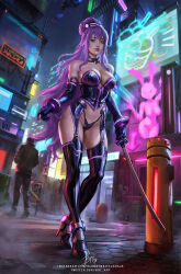 Rule 34 | 1boy, 2girls, aircraft, airship, artist name, bare shoulders, blondynkitezgraja, blue eyes, boots, breasts, city, city lights, collarbone, commentary, cyberpunk, english commentary, full body, garter straps, graffiti, high heels, highres, holding, holding sword, holding weapon, instagram username, katana, large breasts, long hair, looking at viewer, making-of available, multiple girls, night, original, outdoors, purple hair, revealing clothes, solo focus, standing, strapless, sword, thigh boots, thighs, trash can, twitter username, very long hair, weapon
