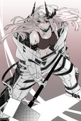 Rule 34 | 1girl, arknights, bare shoulders, breasts, cleavage, collar, collarbone, fighting stance, gloves, gradient background, hair ornament, hammer, holding, holding hammer, holding weapon, horns, infection monitor (arknights), large breasts, long hair, long sleeves, material growth, mudrock (arknights), muted color, navel, open clothes, oripathy lesion (arknights), pointy ears, red eyes, solo, sports bra, standing, toriyoshi, very long hair, weapon
