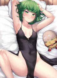 Rule 34 | 1girl, armpits, arms up, artist name, bare arms, bare shoulders, bed sheet, black dress, blush, breasts, character doll, closed mouth, covered navel, dress, green eyes, green hair, highres, kimoshi, knee up, legs, lying, no panties, on back, one-punch man, pillow, saitama (one-punch man), small breasts, solo, spread legs, tatsumaki