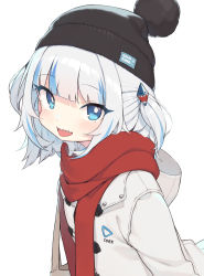 Rule 34 | 1girl, :d, alternate costume, black hat, blue eyes, blue hair, blunt bangs, character name, cloba, gawr gura, hair ornament, hairclip, hat, highres, hololive, hololive english, hood, hood down, hooded jacket, jacket, looking at viewer, multicolored hair, open mouth, pom pom (clothes), red scarf, scarf, sharp teeth, simple background, smile, solo, streaked hair, teeth, two-tone hair, two side up, upper body, virtual youtuber, white background, white hair, white jacket