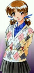 Rule 34 | 1990s (style), 1girl, :d, adachi taeko, argyle, argyle cardigan, argyle clothes, arms behind back, blue ribbon, blue shirt, blush, brown eyes, brown hair, buttons, cardigan, collared shirt, cowboy shot, gradient background, grey skirt, hair ribbon, kai tomohisa, long sleeves, looking at viewer, low twintails, lowres, open mouth, pleated skirt, purple background, retro artstyle, ribbon, sentimental graffiti, shirt, short twintails, skirt, smile, solo, twintails