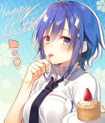 Rule 34 | 1girl, ahoge, black necktie, blue eyes, blush, breasts, cake, character request, commentary request, copyright request, earrings, food, fruit, hair ornament, happy birthday, holding, jewelry, large breasts, licking, licking finger, looking at viewer, medium hair, necktie, plate, shirt, solo, strawberry, sweets, tongue, tongue out, toosaka asagi, white shirt